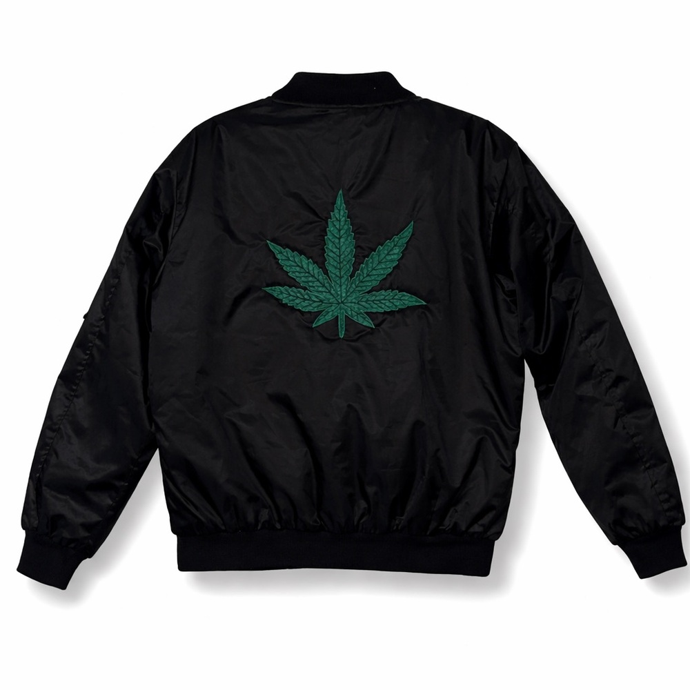 Black Bomber Jacket with Green Leaf Embroidery